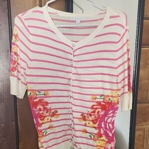 New York & Company Pink and Cream Striped Cardigan